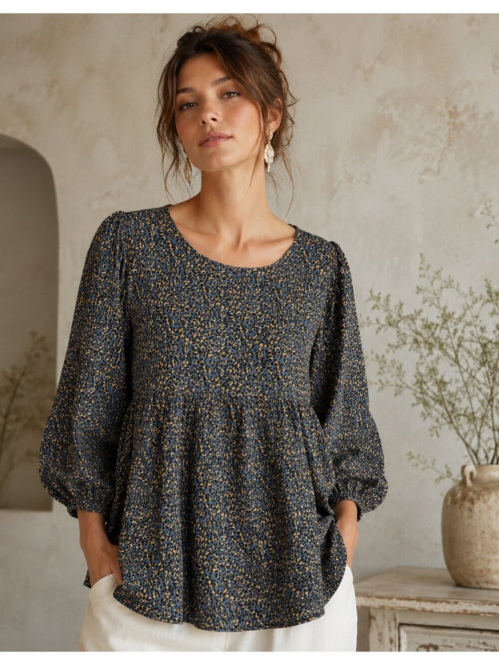 Oddi Animal Print Boho Peasant Babydoll 3/4 Sleeve Top S
